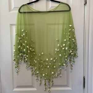 Green Floral Vintage Beaded Mesh Poncho